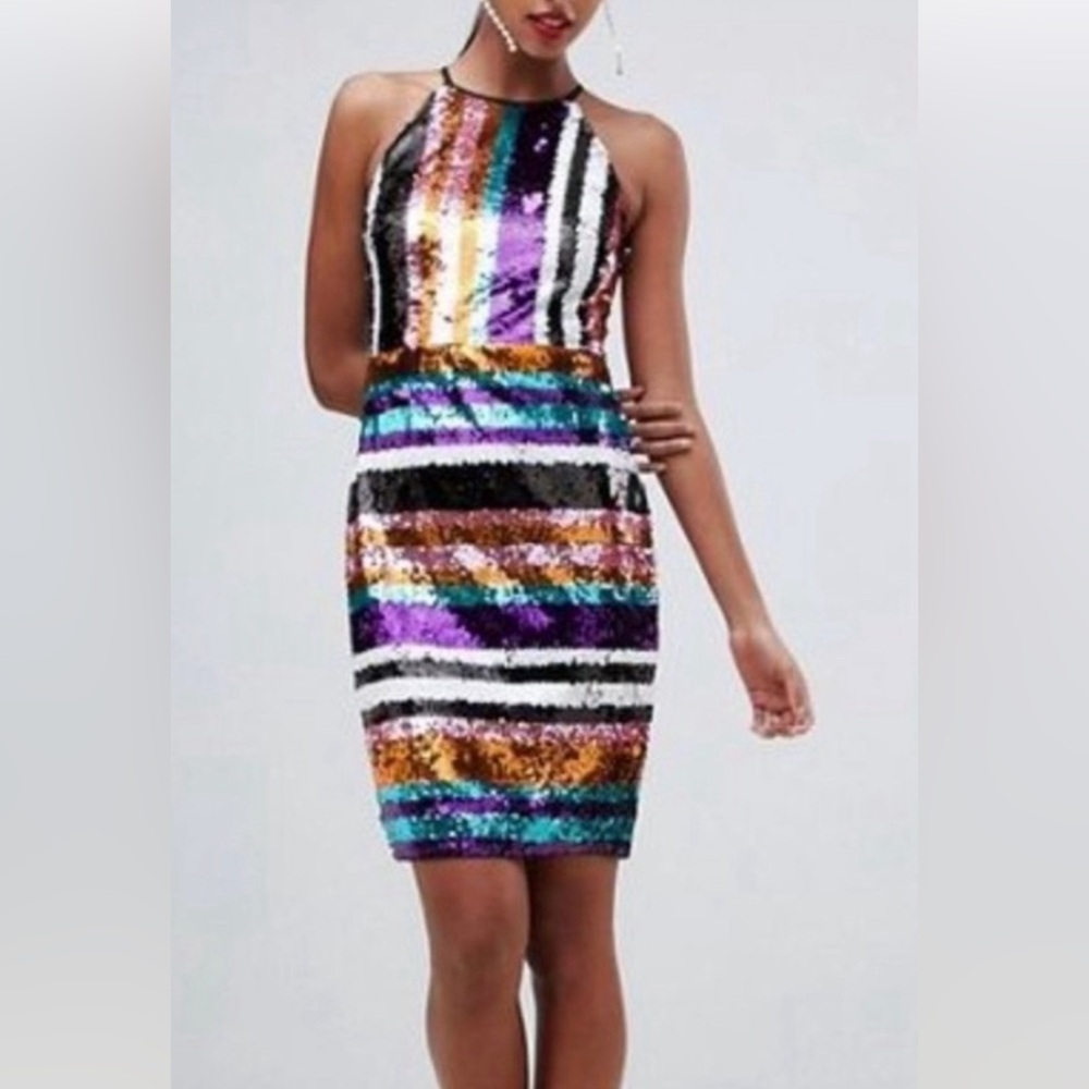 TFNC London Short Full Sequin Halter Multicolor PROM Club Rave